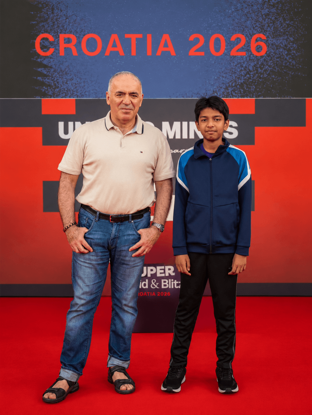 Supratit Banerjee with Garry Kasparov during the Kasparov Chess Foundation Young Stars Session in Zagreb, July 2026